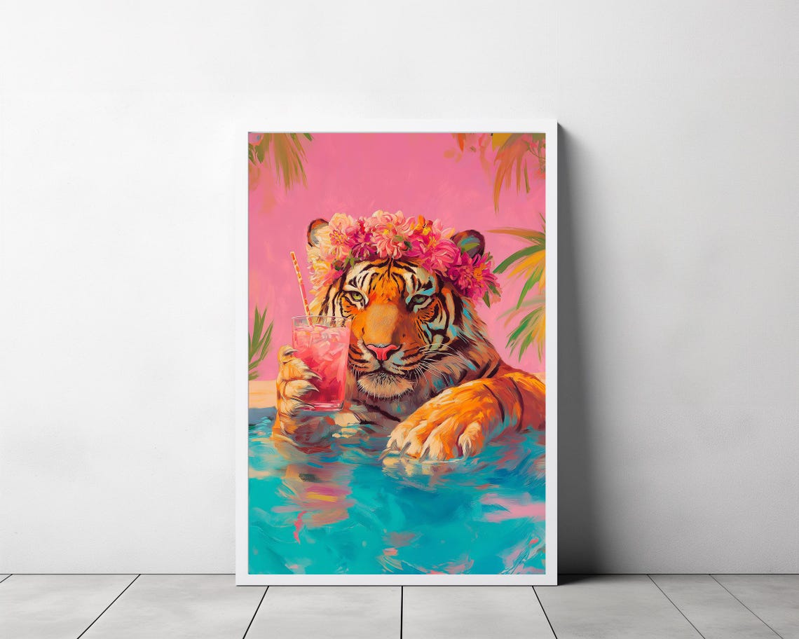 Wall Art Tiger With A Cocktail Maximalist Oil Painting Colorful Trendy Kitsch Vivid Bathroom Print Bold Dopamine Animal Picture - Image 3