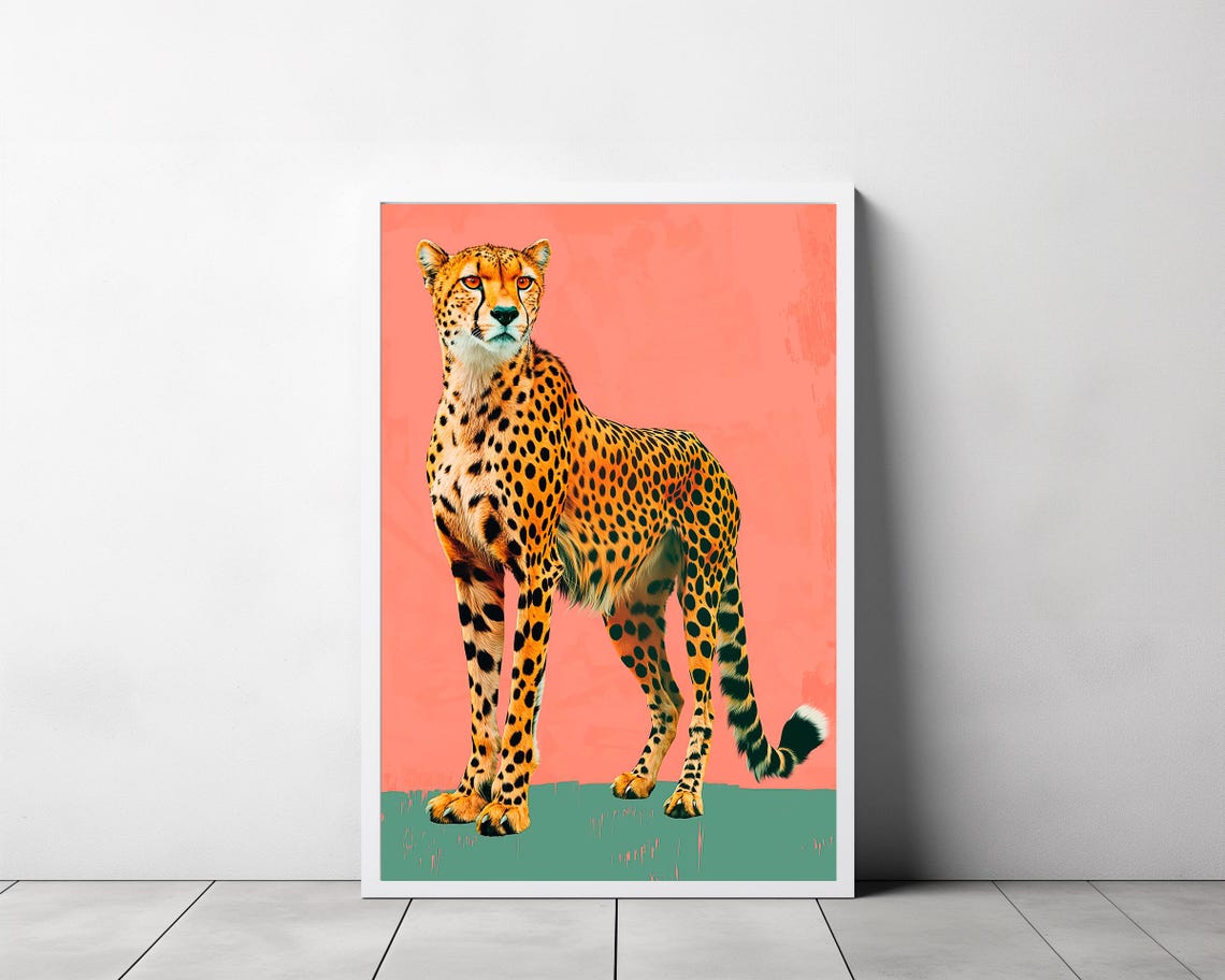 Cheetah Standing On Coral And Green Bold Pop Art Portrait Poster - Image 3