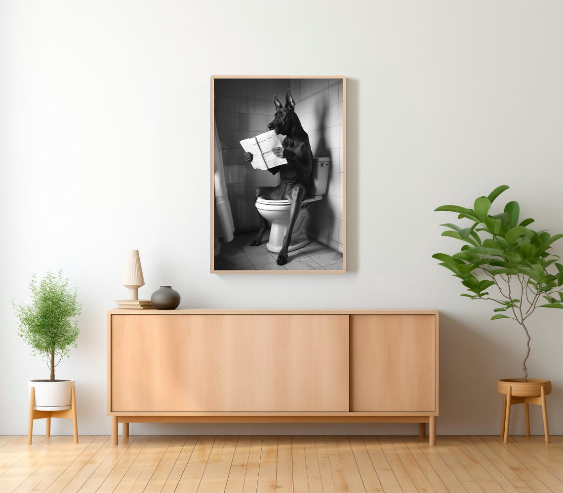 Doberman Reading on Toilet Looking at Camera Funny Dog Photo Poster - Image 2