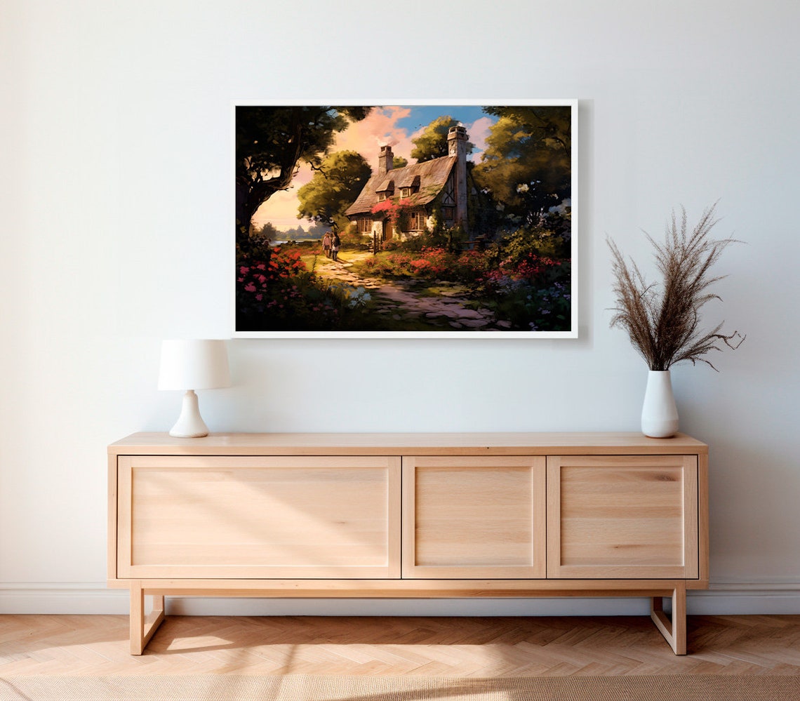 Thatched Cottage at Sunset Surrounded by Roses and Stone Path Poster - Image 2