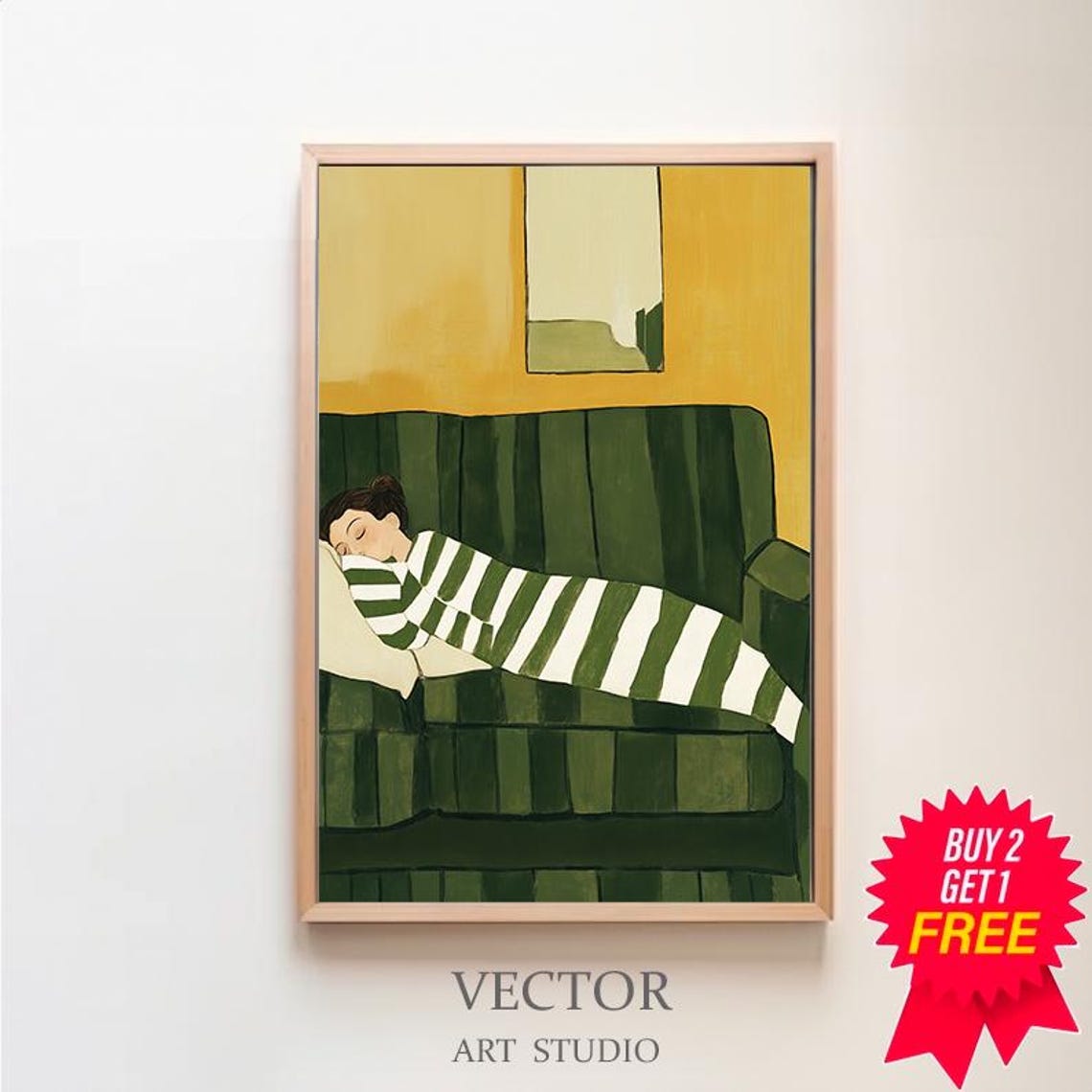Woman in Green Stripes Sleeping on a Couch Against Mustard Poster