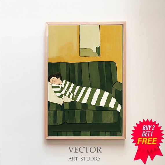 Woman in Green Stripes Sleeping on a Couch Against Mustard Poster