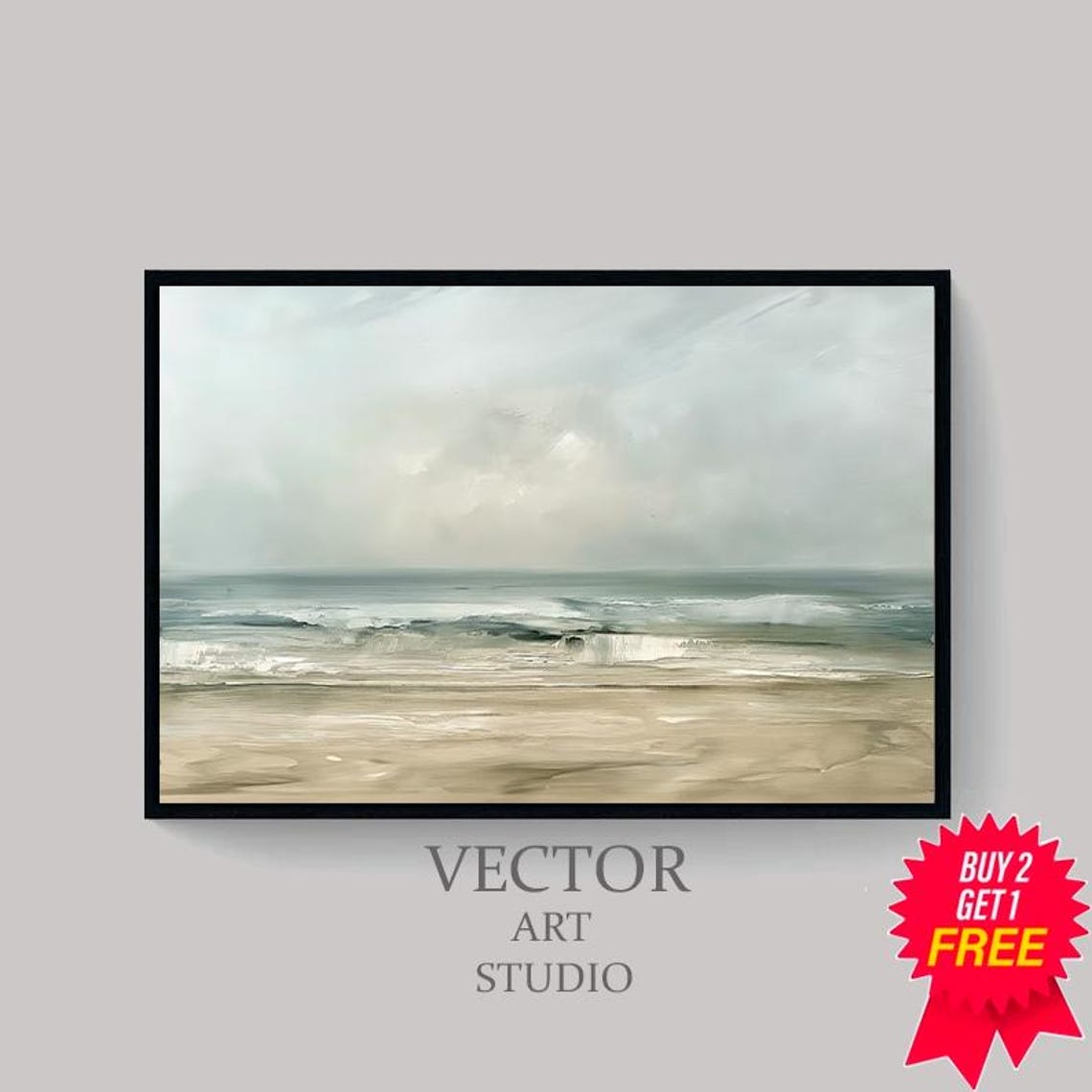 Serene Misty Ocean Shoreline Beach Waves Neutral Coastal Wall Art - Image 4