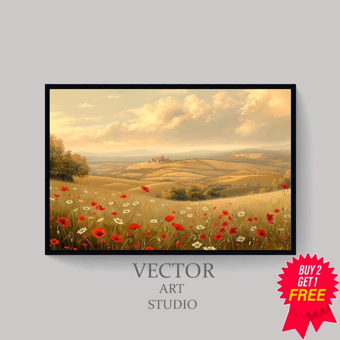 Red Poppy Wheat Field Beneath Tuscan Hills at Golden Hour Poster - Image 4