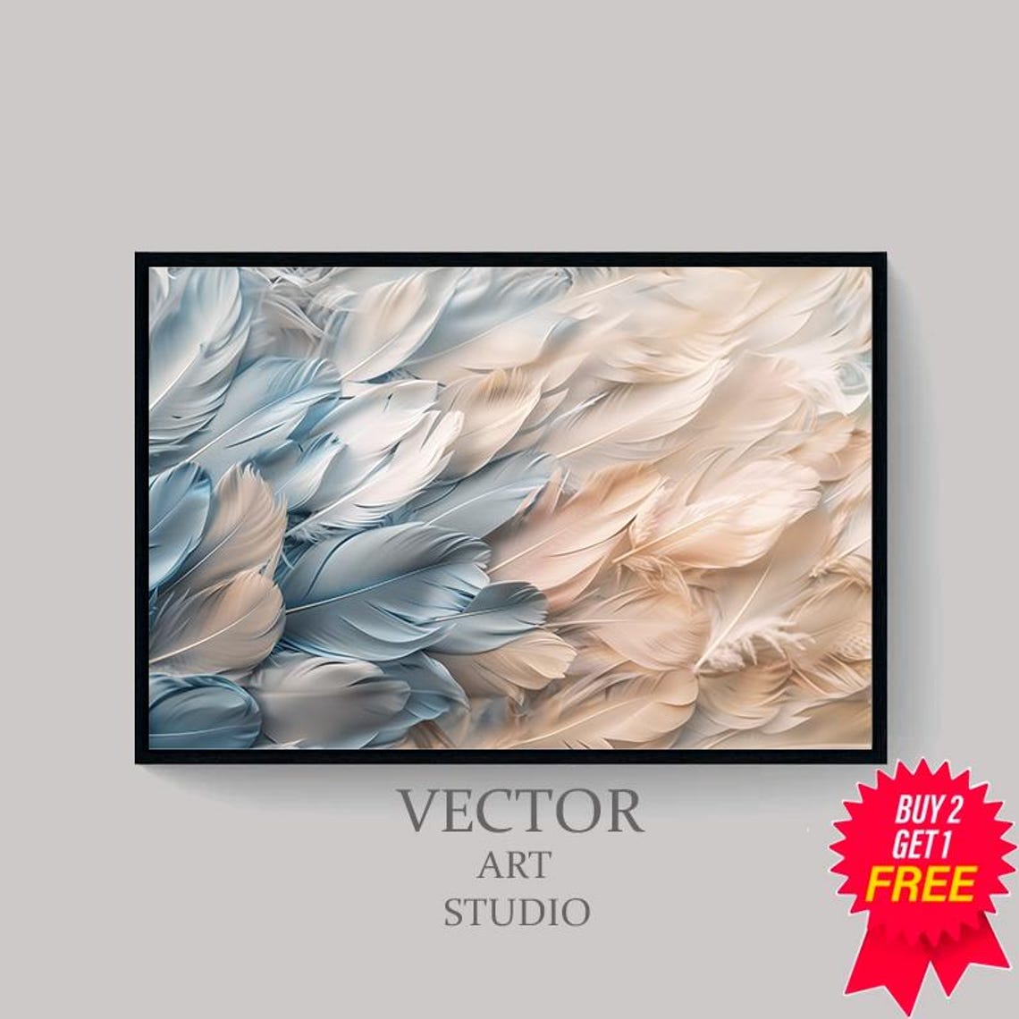 Soft Feather Painting in Blue Grey and Beige Calm Tones Poster - Image 4
