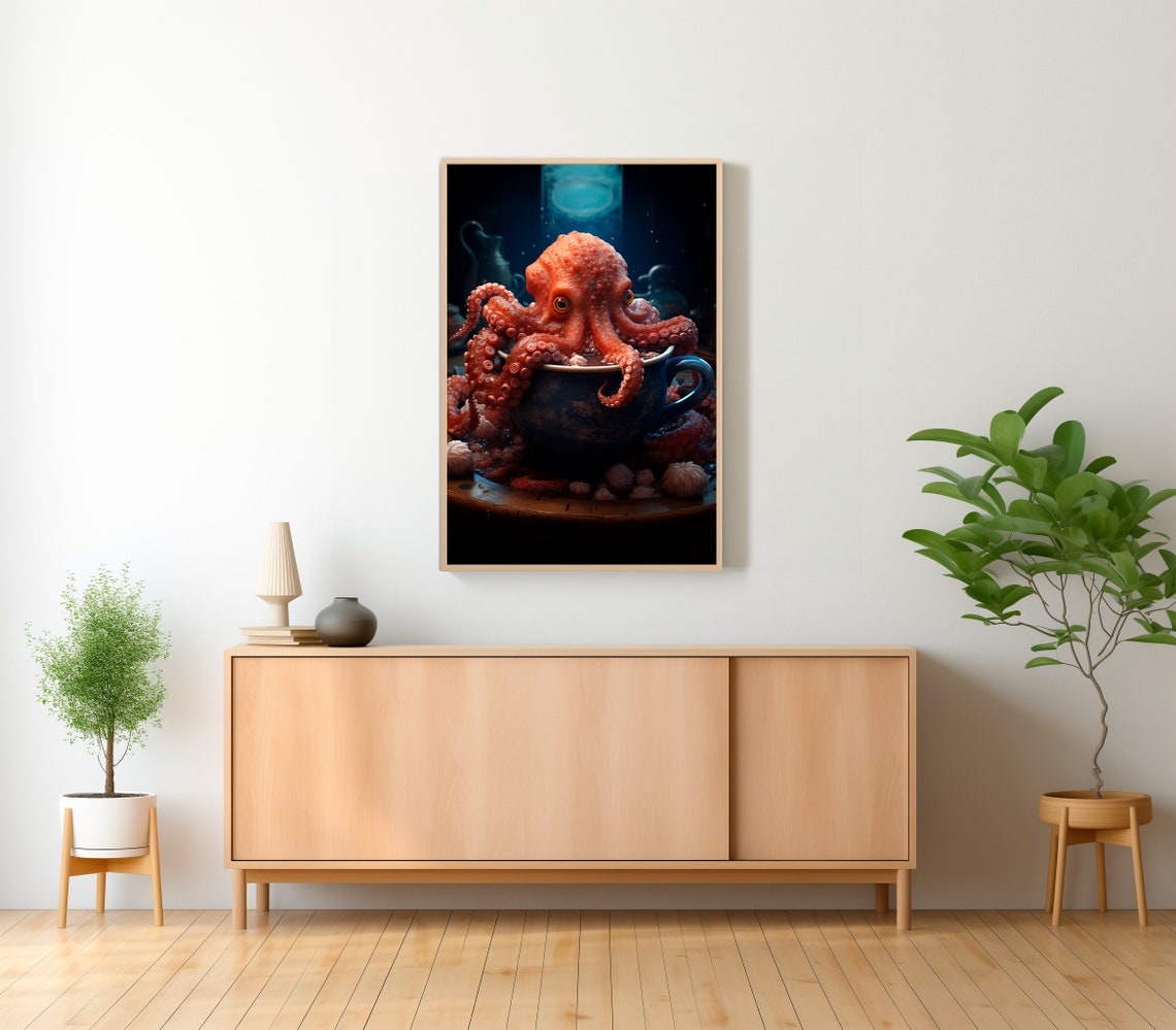 Orange Octopus Perched In A Blue Teacup Moody Kitchen Art Poster - Image 2