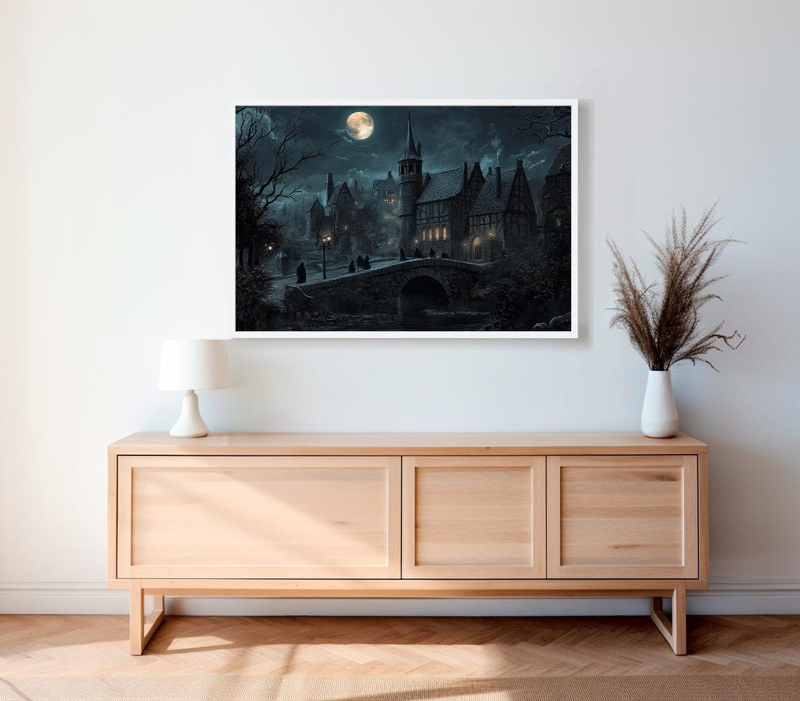 Moonlit Gothic Castle Village with Stone Bridge Dark Fantasy Poster - Image 2