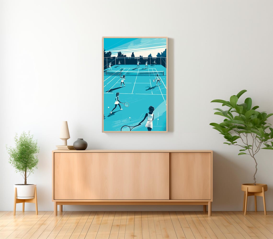 Retro Blue Tennis Court Illustration with Vintage Players Poster - Image 2