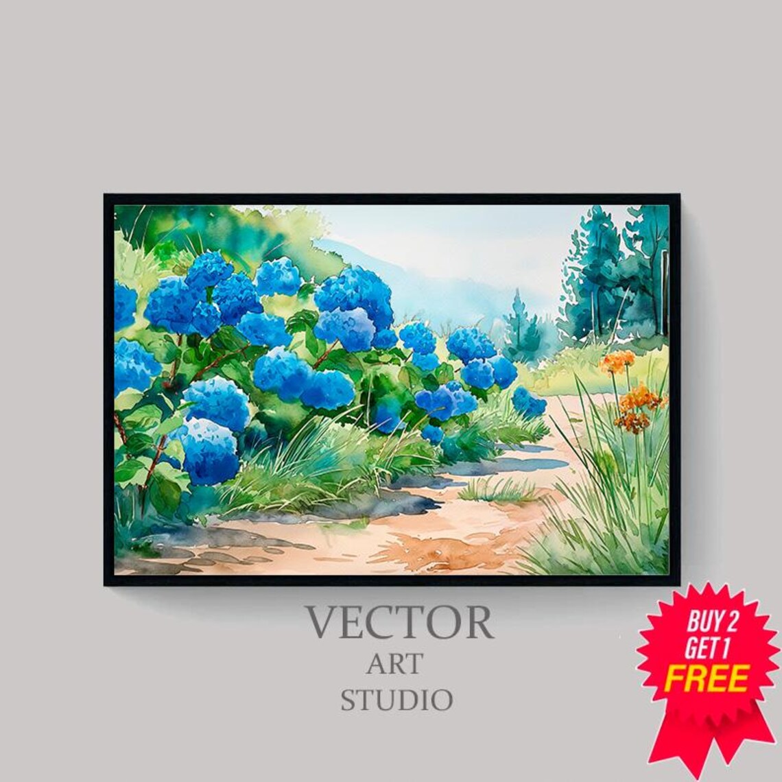 Bright Blue Hydrangeas Watercolor Garden Path Sunny Floral Poster - Image 4