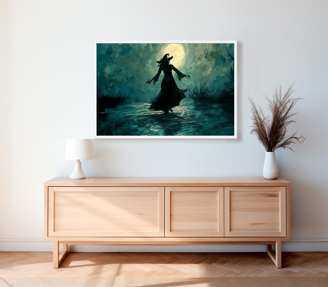 Witch Silhouette Standing in Moonlit Water Halloween Art Poster - Image 2
