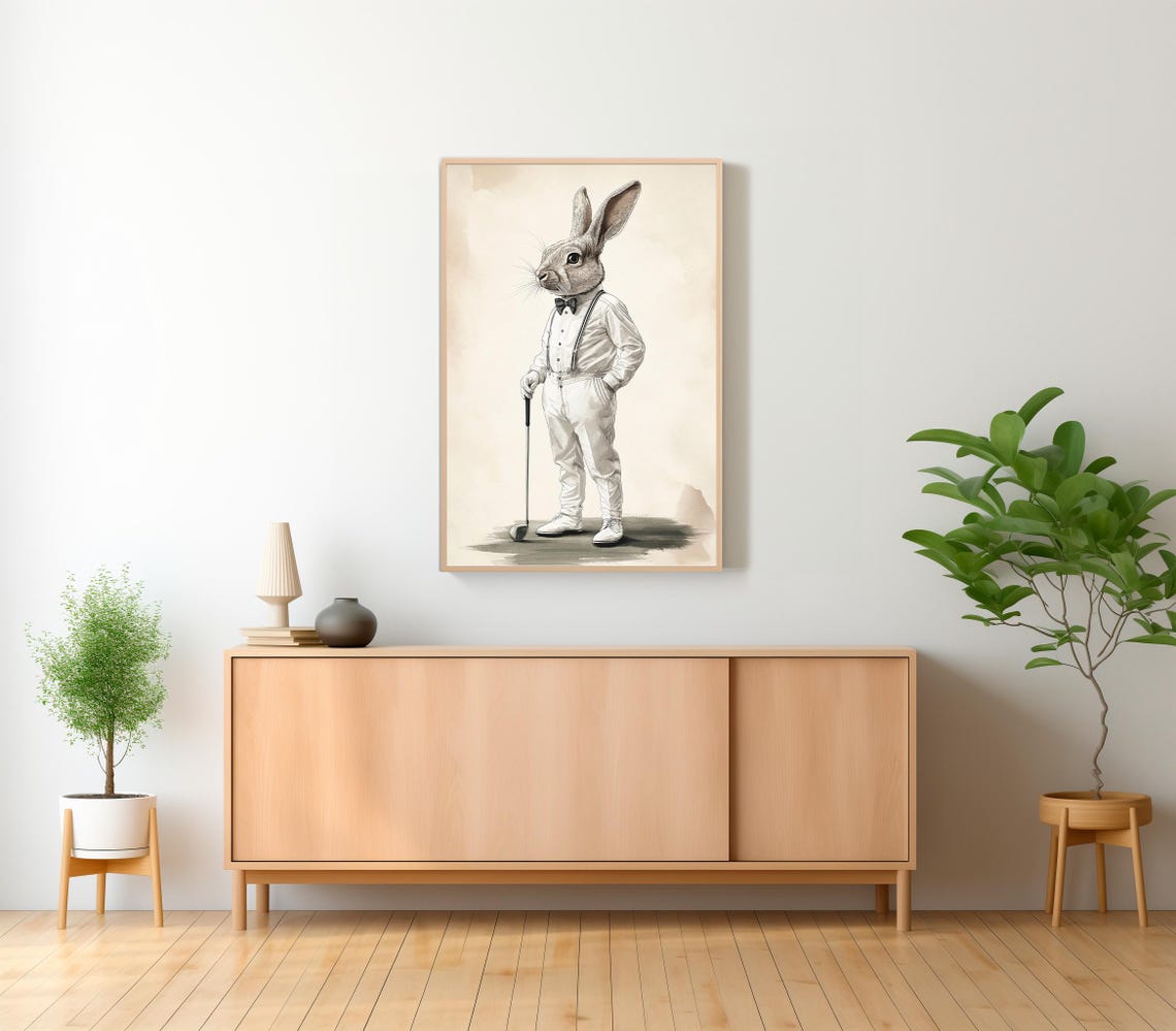 White Rabbit Golfer White Suit Bow Tie Vintage Nursery Poster - Image 2