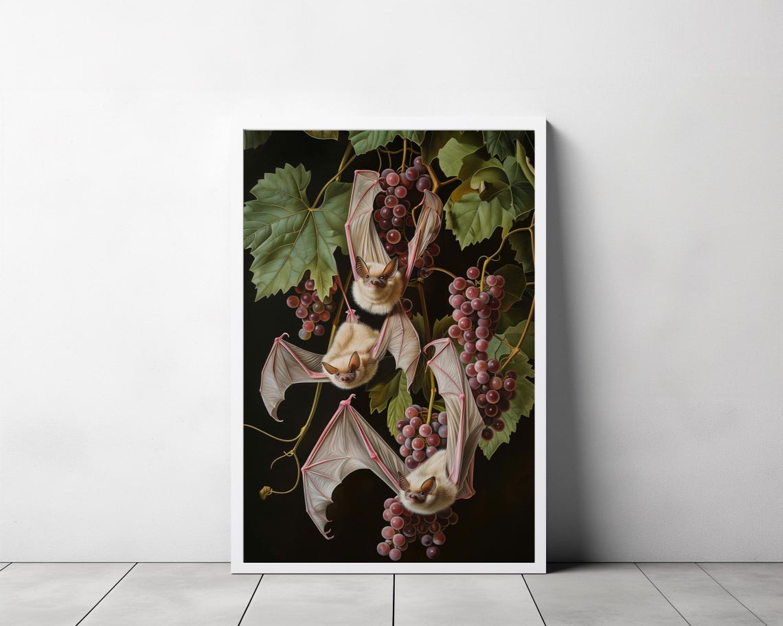 Three White Bats Hanging Among Purple Grapes Dark Botanical Art Poster - Image 3
