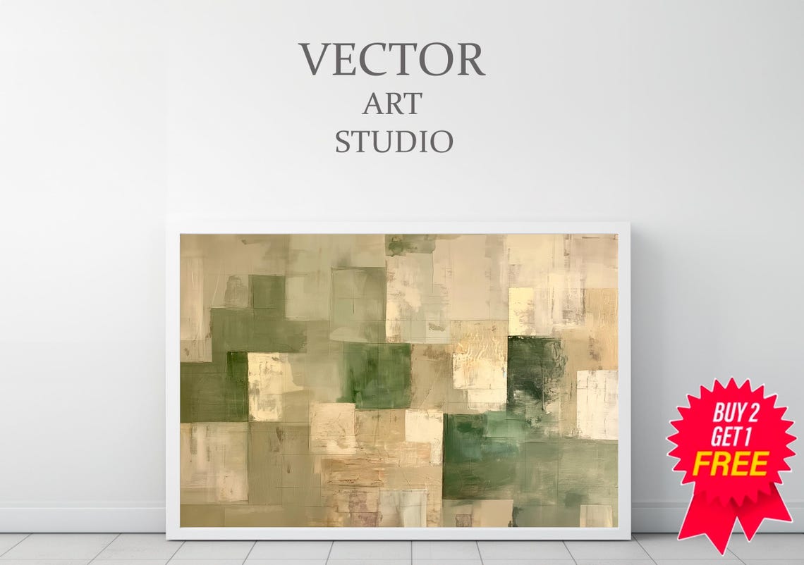Green Beige Abstract Geometric Blocks Modern Living Room Poster - Image 3
