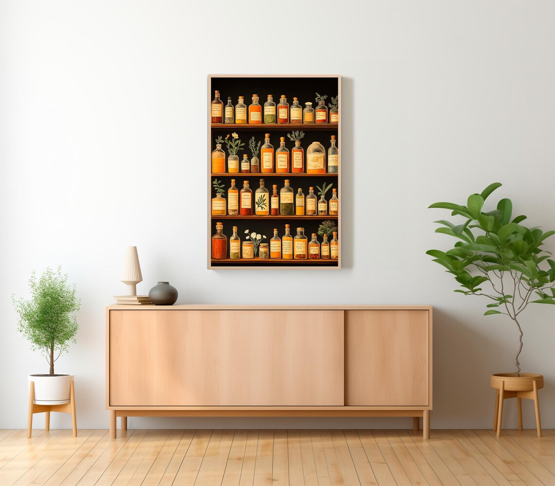 Vintage Apothecary Herb Bottles on Dark Wooden Shelves Poster - Image 2