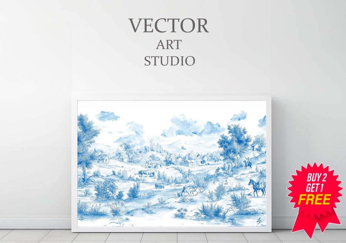 Blue Toile Countryside Scene With Riders And Horses Vintage Poster - Image 3