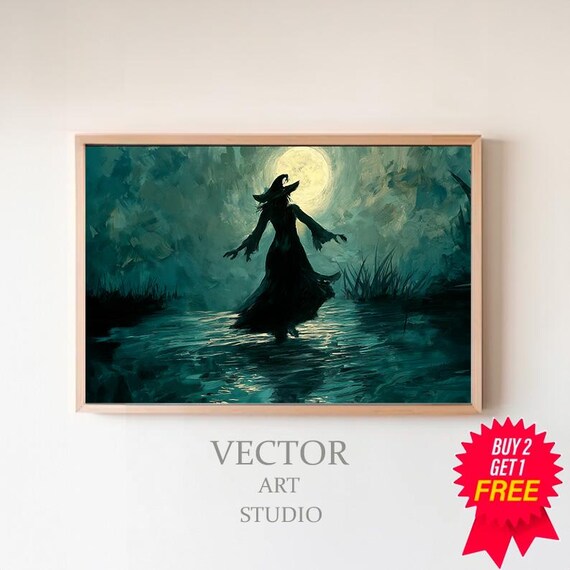 Witch Silhouette Standing in Moonlit Water Halloween Art Poster
