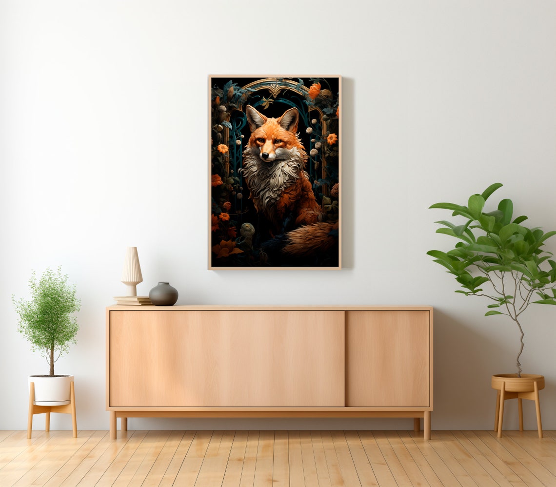 Fox Portrait in Arched Floral Frame Dark Botanical Wildlife Art Poster - Image 2