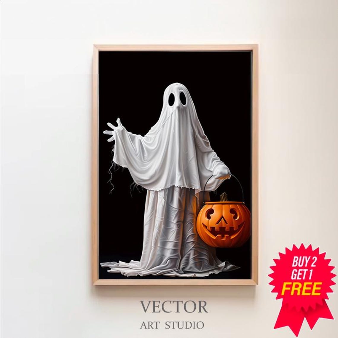 Tall White Ghost with Pumpkin Bucket Arm Raised Dark Art Poster