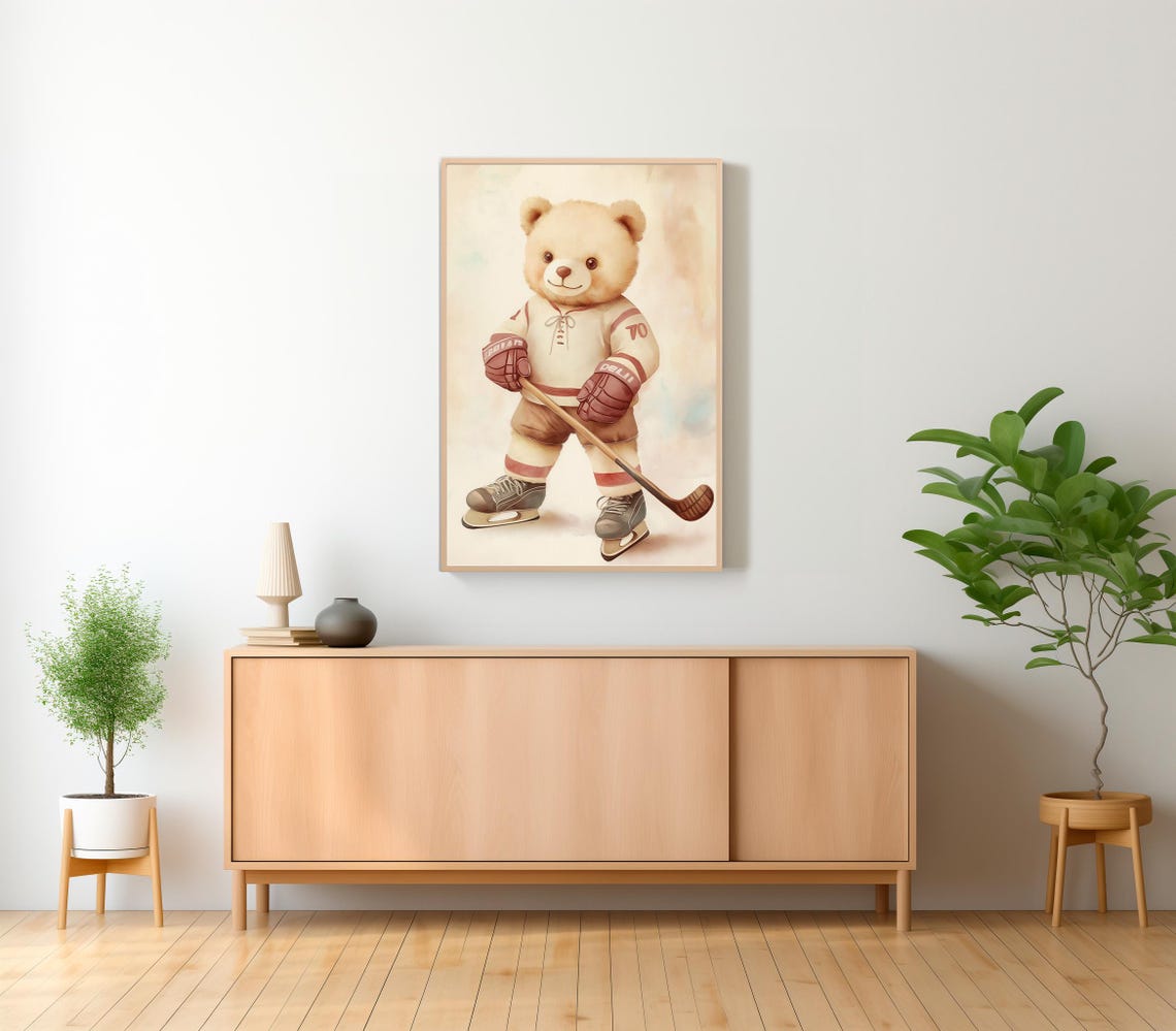 Adorable Vintage Teddy Bear Playing Ice Hockey Nursery Poster - Image 2
