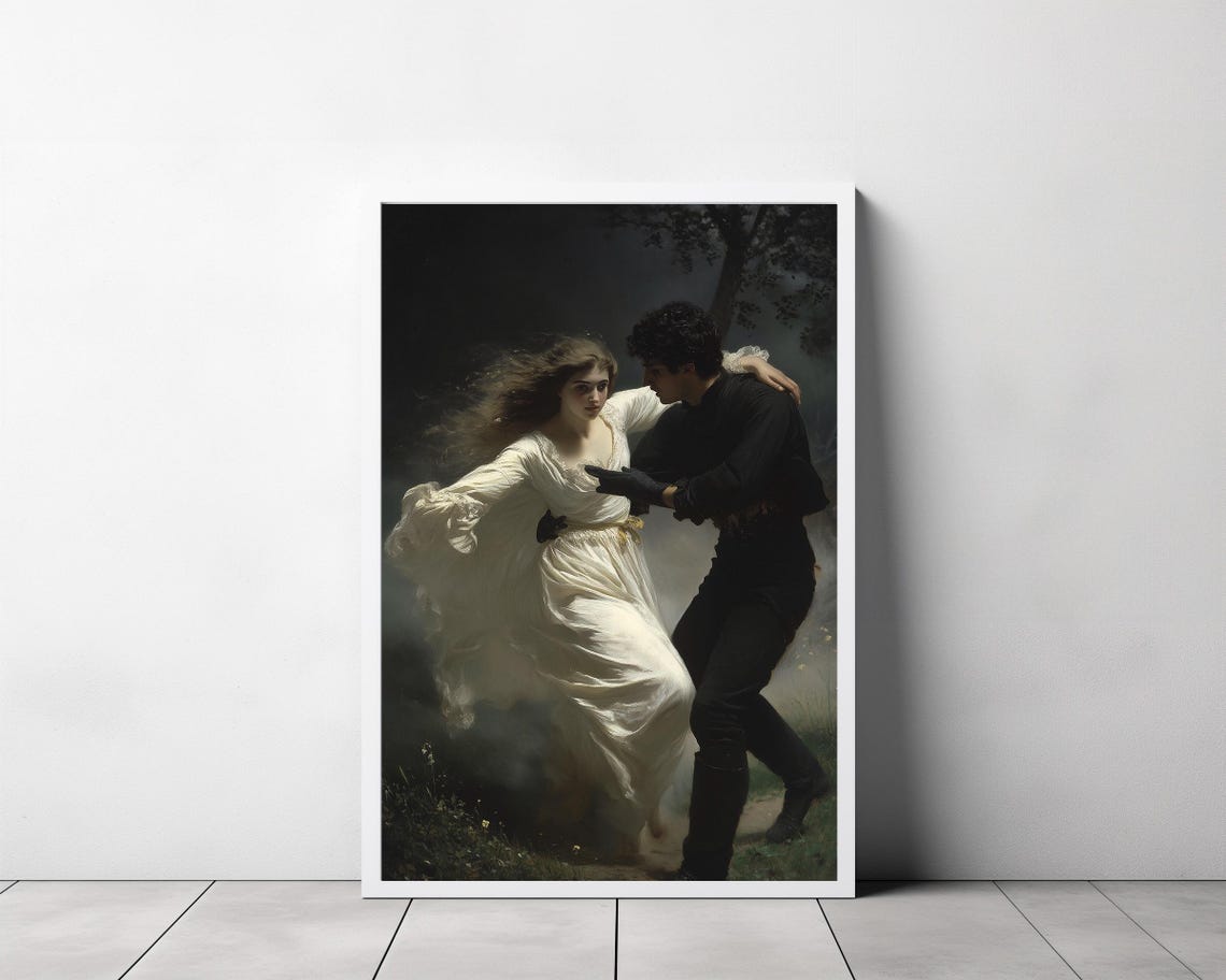 Gothic Romantic Couple Embracing on a Misty Moonlit Night Poster - Image 3