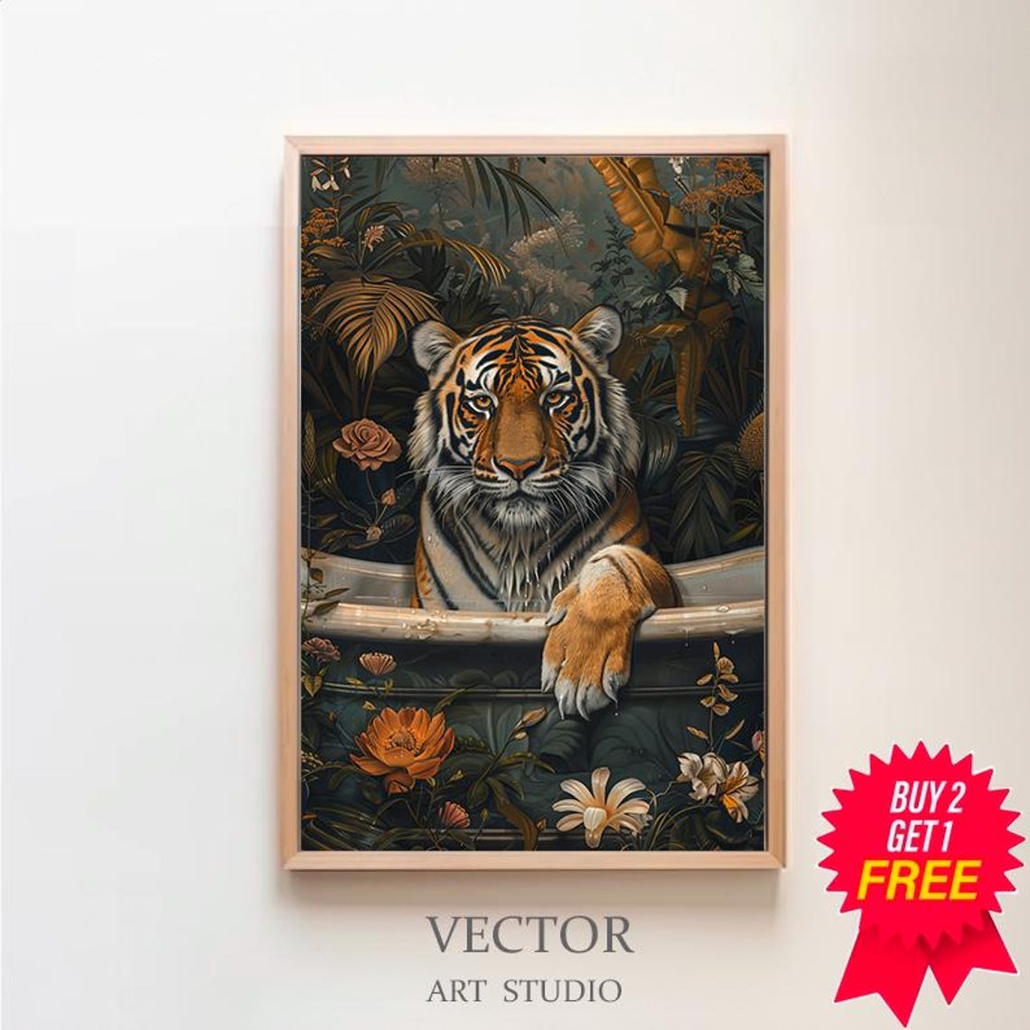 Tiger Resting Over Tub Edge Dark Jungle Botanical Painting Wall Poster
