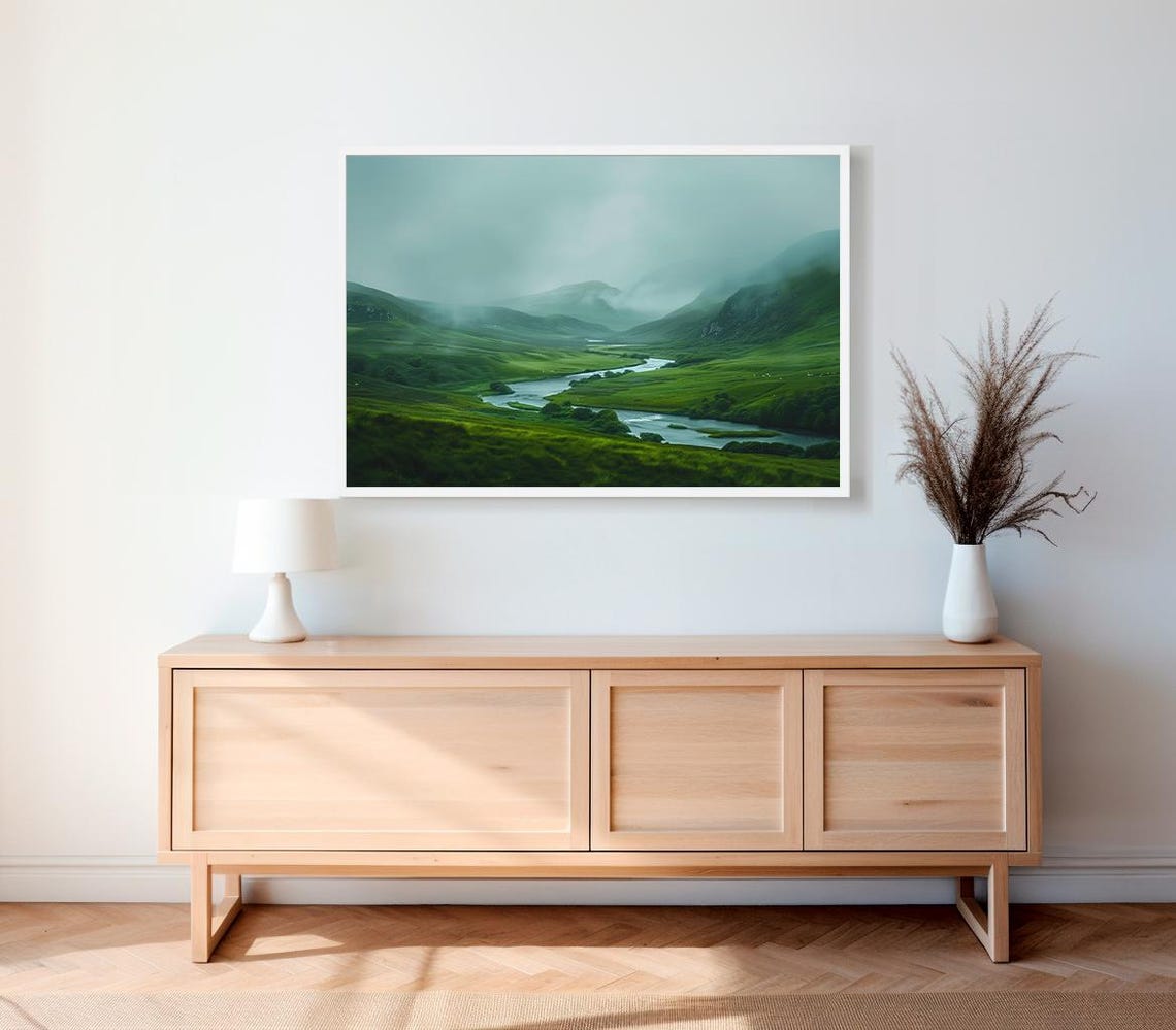 Foggy Emerald Valley With Winding River Ireland Landscape Art Poster - Image 2