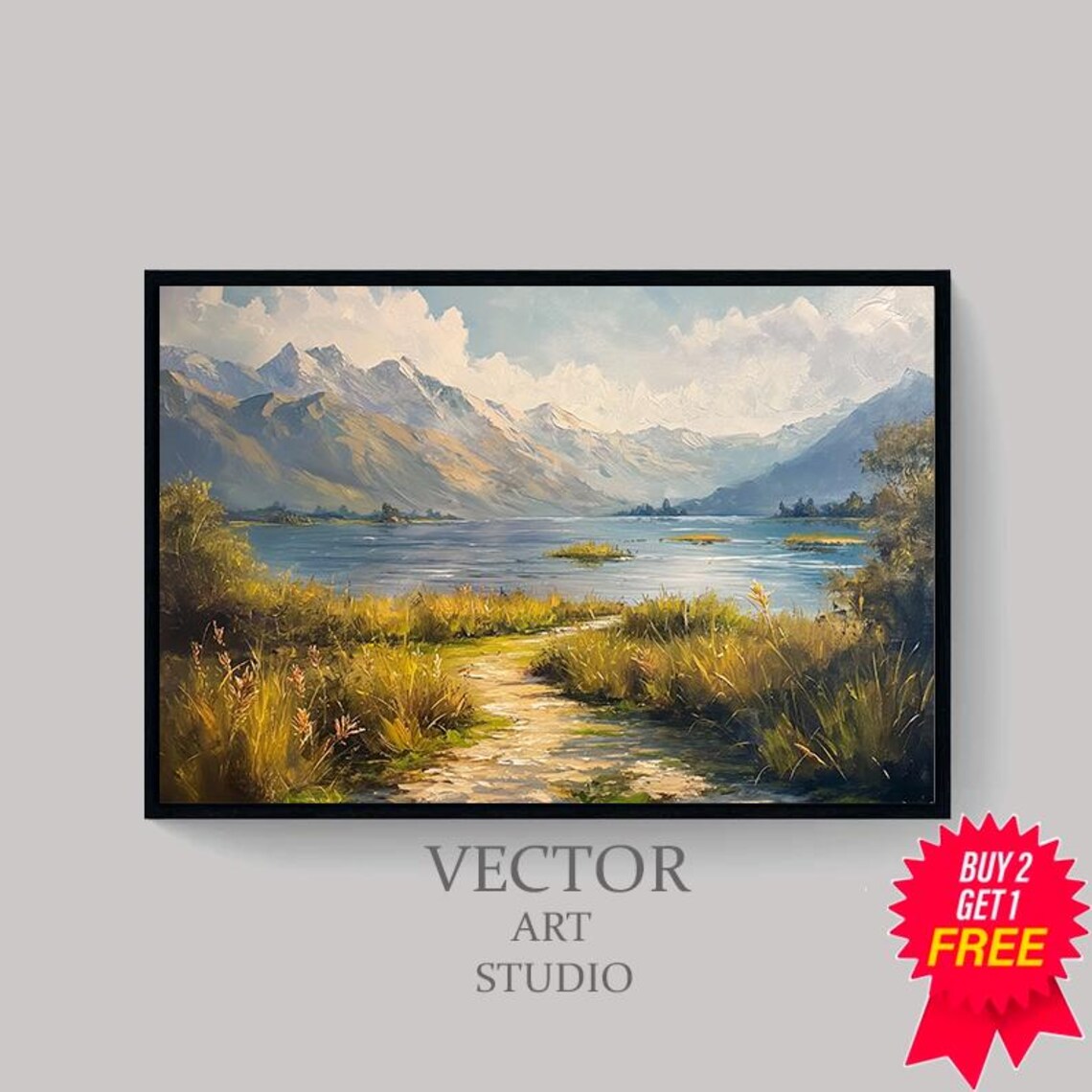 Golden Grass Path by a Mountain Lake in Warm Autumn Light Poster - Image 4
