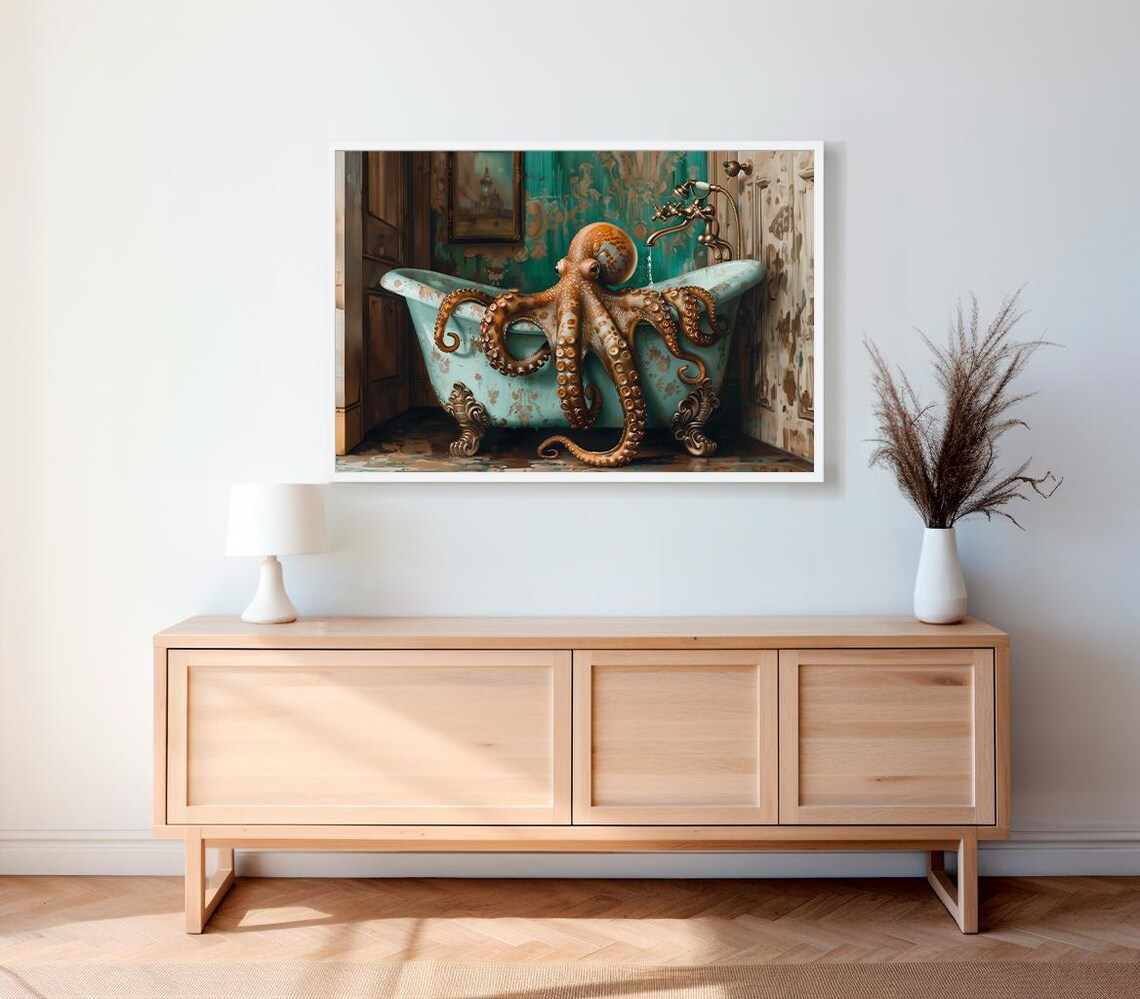 Octopus In The Bathtub Oil Painting Art Print - Image 2