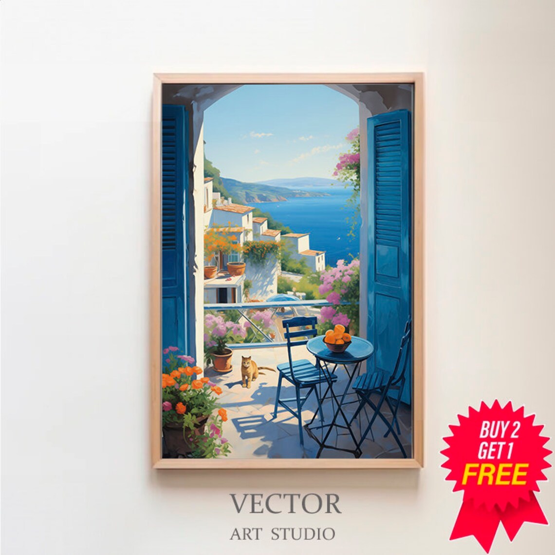 Mediterranean Terrace with Cat Overlooking the Sea Painting Poster
