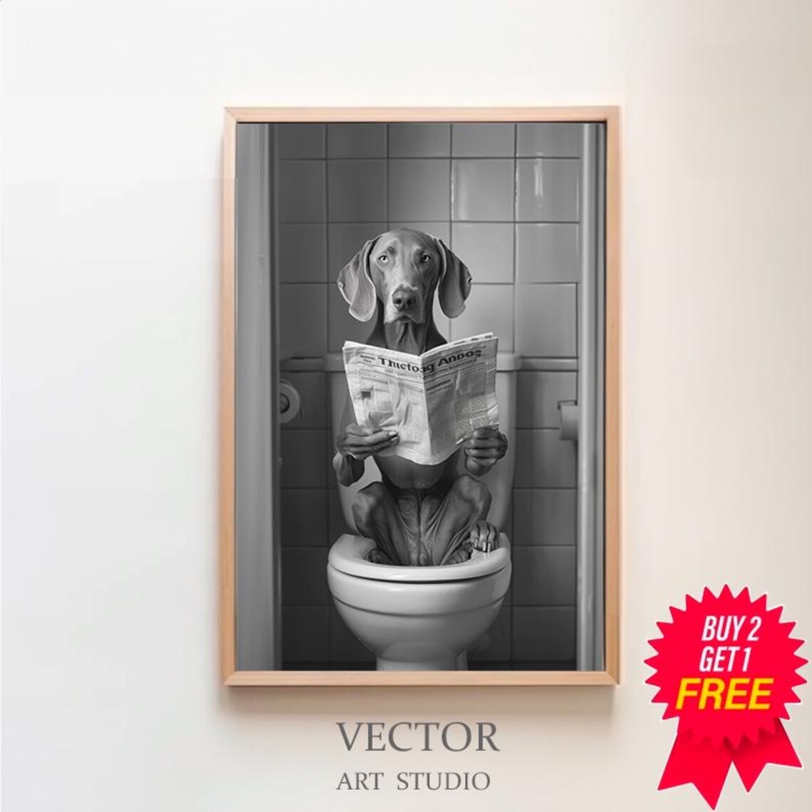 Grey Weimaraner on Toilet Wide Shot Reading Paper Funny Poster