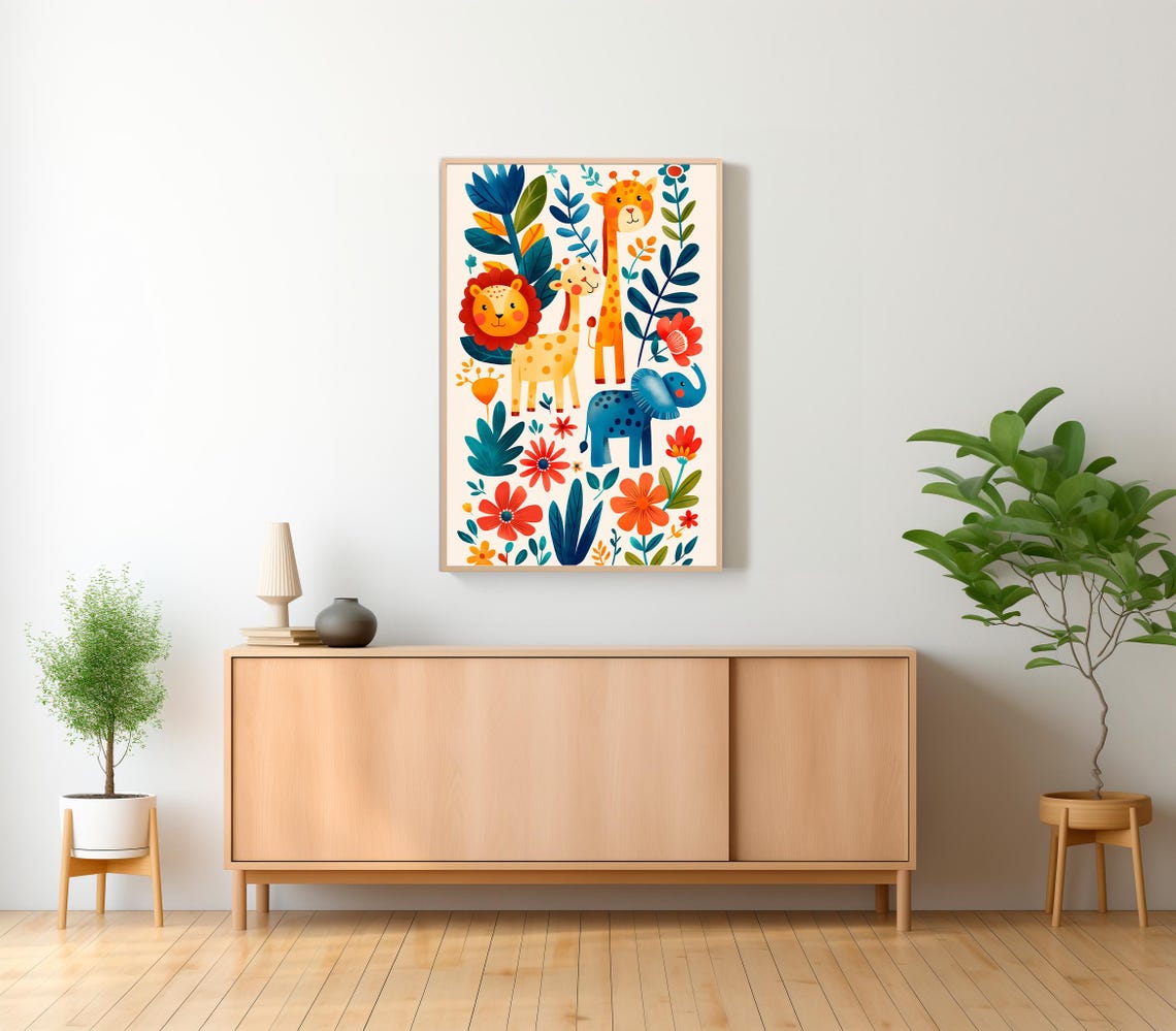 Happy Lion Giraffe Elephant Flowers Safari Kids Nursery Poster - Image 2