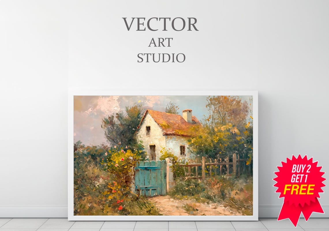 Charming Cottage with Blue Gate and Terracotta Roof Rustic Poster - Image 3