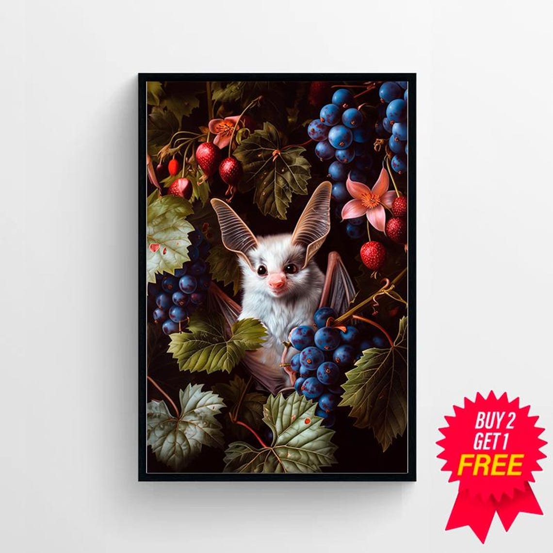 White Fruit Bat Among Grapes Dark Gothic Botanical Art Print - Image 4