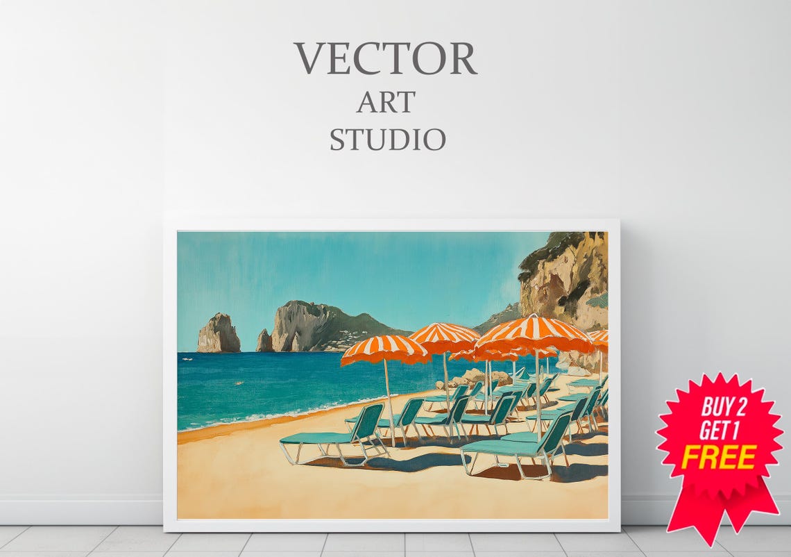 Capri Faraglioni Rocks With Orange Striped Umbrellas Beach Poster - Image 3