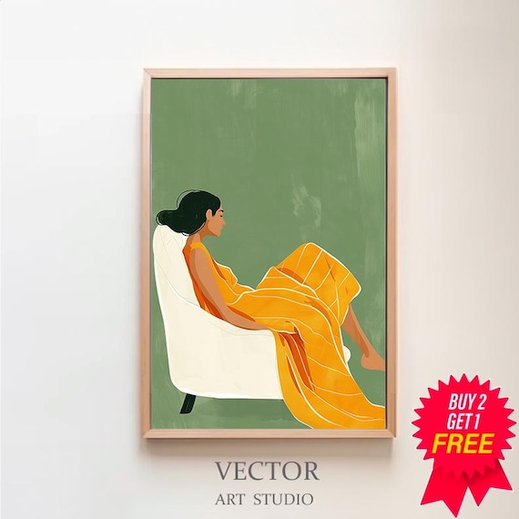 Woman in a Flowing Orange Dress Resting on a White Chair Poster
