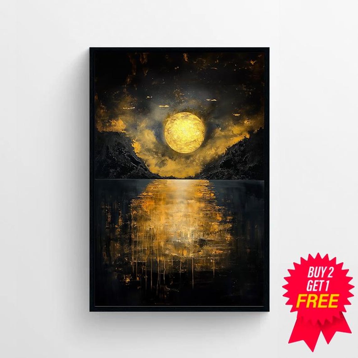 Glowing Golden Full Moon Reflecting on Dark Water Night Poster - Image 4