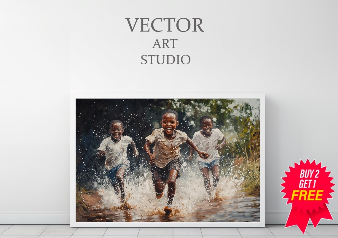 Three African Children Laughing and Splashing in Water Art Poster - Image 3