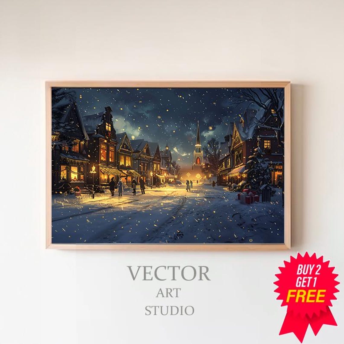 Snowy Main Street Christmas Night Shops Glow Holiday Town Poster