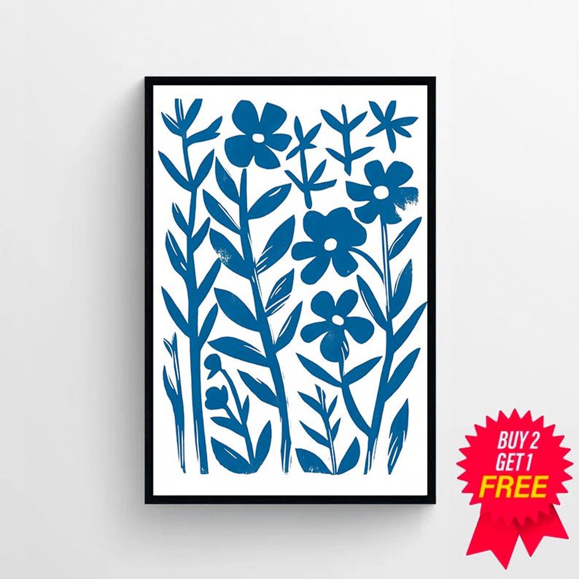 Bold Modern Folk Matisse Style Blue Floral Botanical Wall Art - Image 4