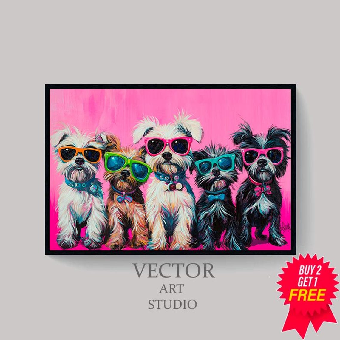 Dopamine Summer Frame Tv Art Cute Dogs In Sunglasses Maximalist Oil Painting Bright Pastel Preppy Pink Tv Funny Pet Colorful Picture - Image 4