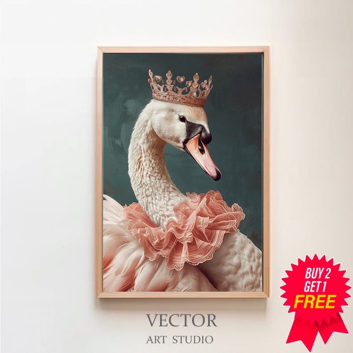 Elegant Crowned Swan with Pink Ruffle Collar Portrait Poster