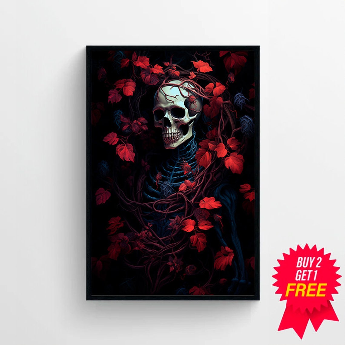 Skeleton Entwined With Crimson Red Leaves on Dark Black Goth Poster - Image 4