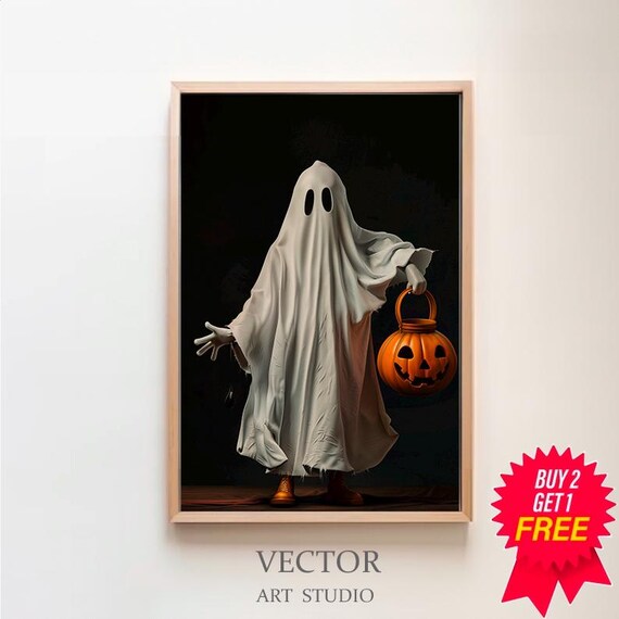 Ghost Trick or Treater Holding Pumpkin Bucket Cute Halloween Poster