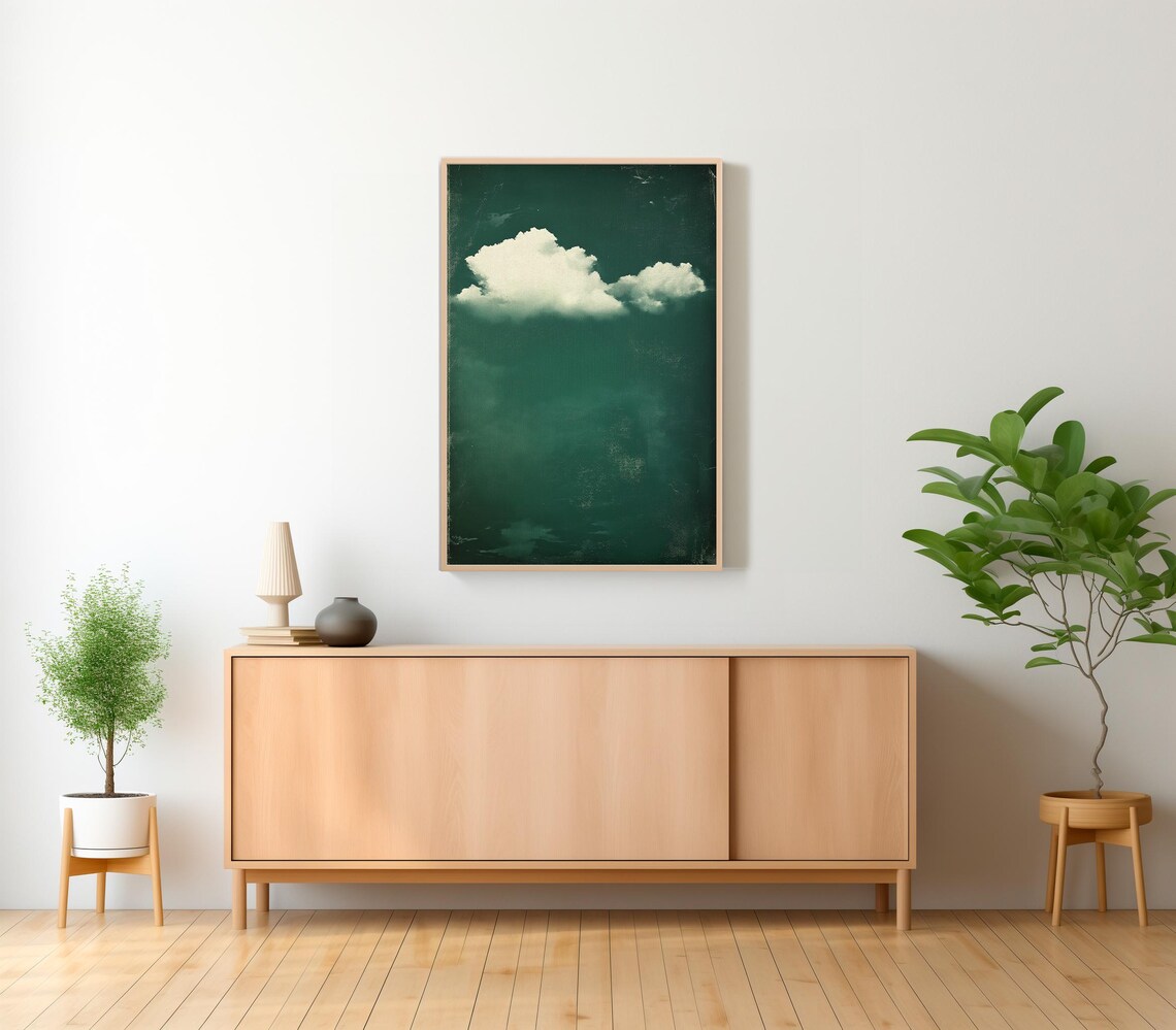 Single White Cloud on Deep Emerald Green Sky Minimalist Poster - Image 2