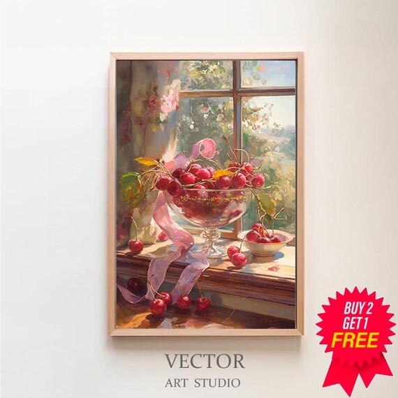 Cherry Cottagecore Print Kitchen Posters Coquette Room Decor Girly Art Farmhouse Art Trendy Wall Art Retro Vintage Watercolor