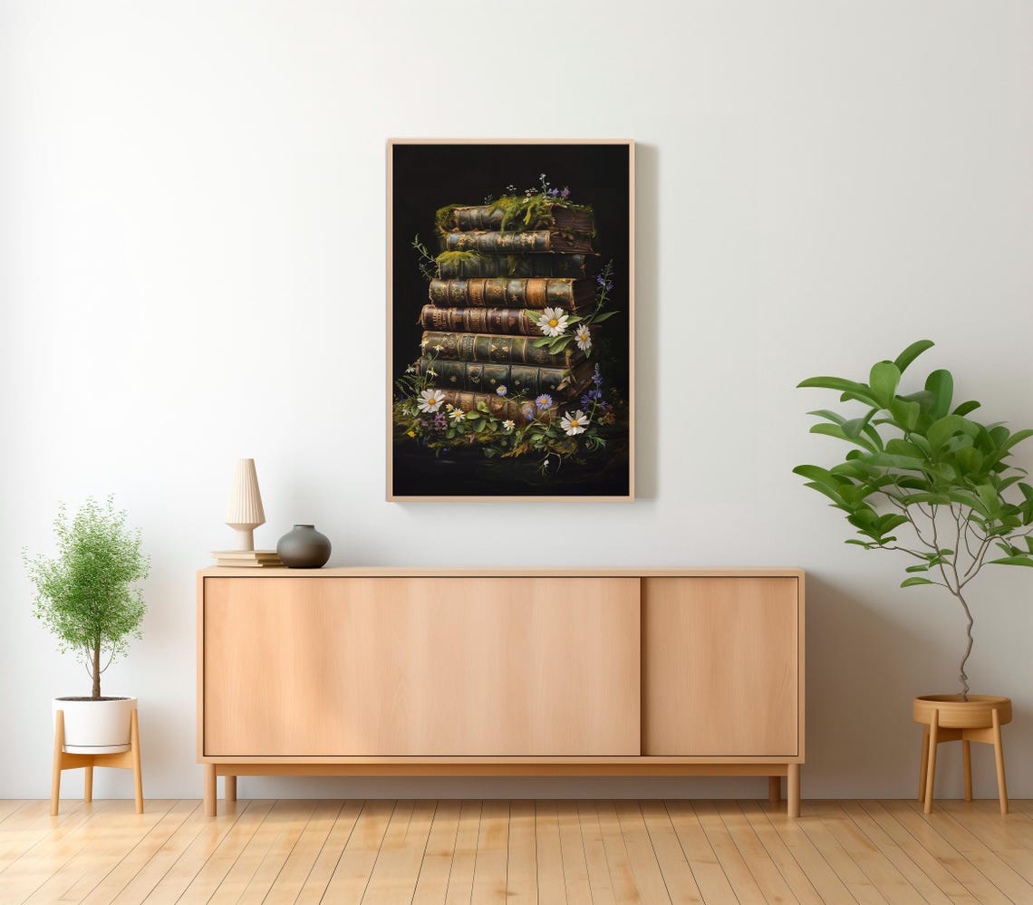Tall Stack of Old Mossy Antique Books With Wildflowers Poster - Image 2