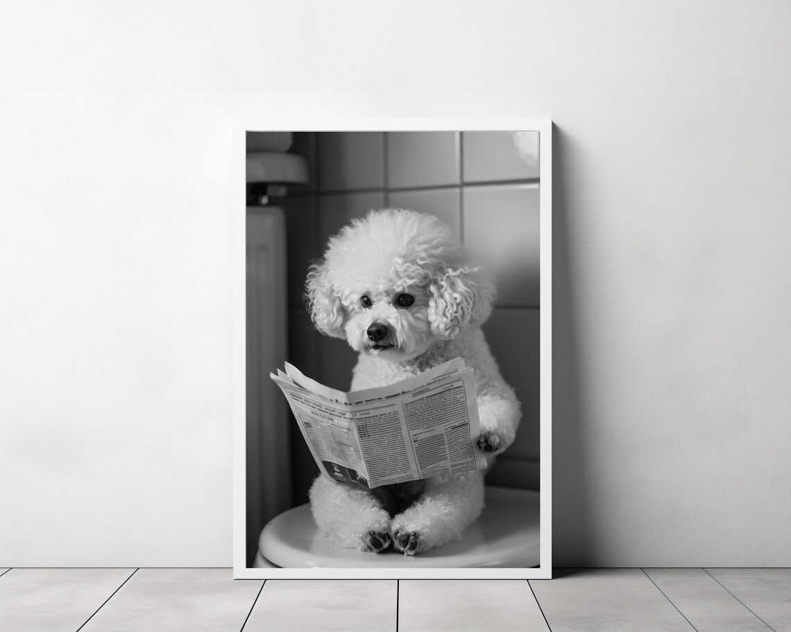 Bichon Frise on Toilet Reading Newspaper Black and White Funny Print - Image 3