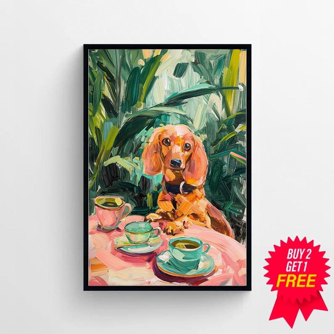 Dachshund Dog at Tea Table with Colorful Teacups Kitchen Wall Poster - Image 4