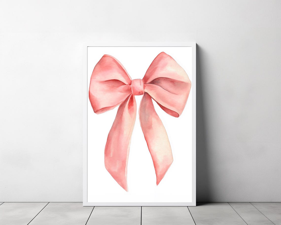 Peachy Pink Satin Bow Watercolor Coquette Nursery Decor Poster - Image 3