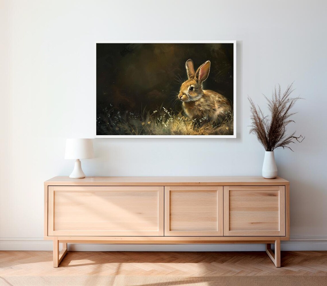 Dark Moody Brown Bunny Rabbit Golden Meadow Grass Portrait Poster - Image 2
